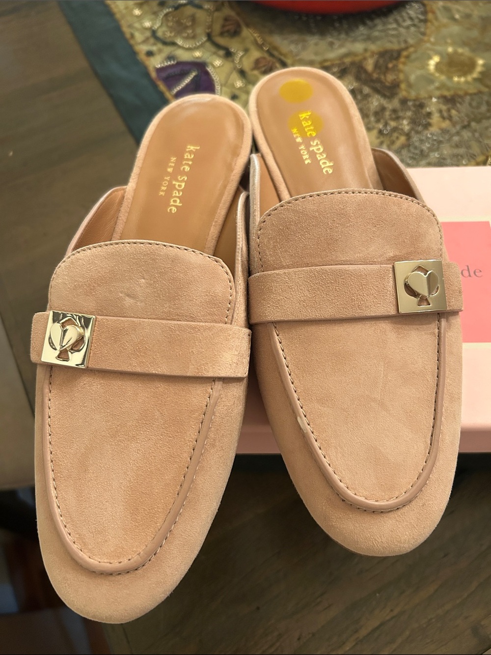 kate spade Blush Pink Suede Backless Loafers with Gold Logo Accent